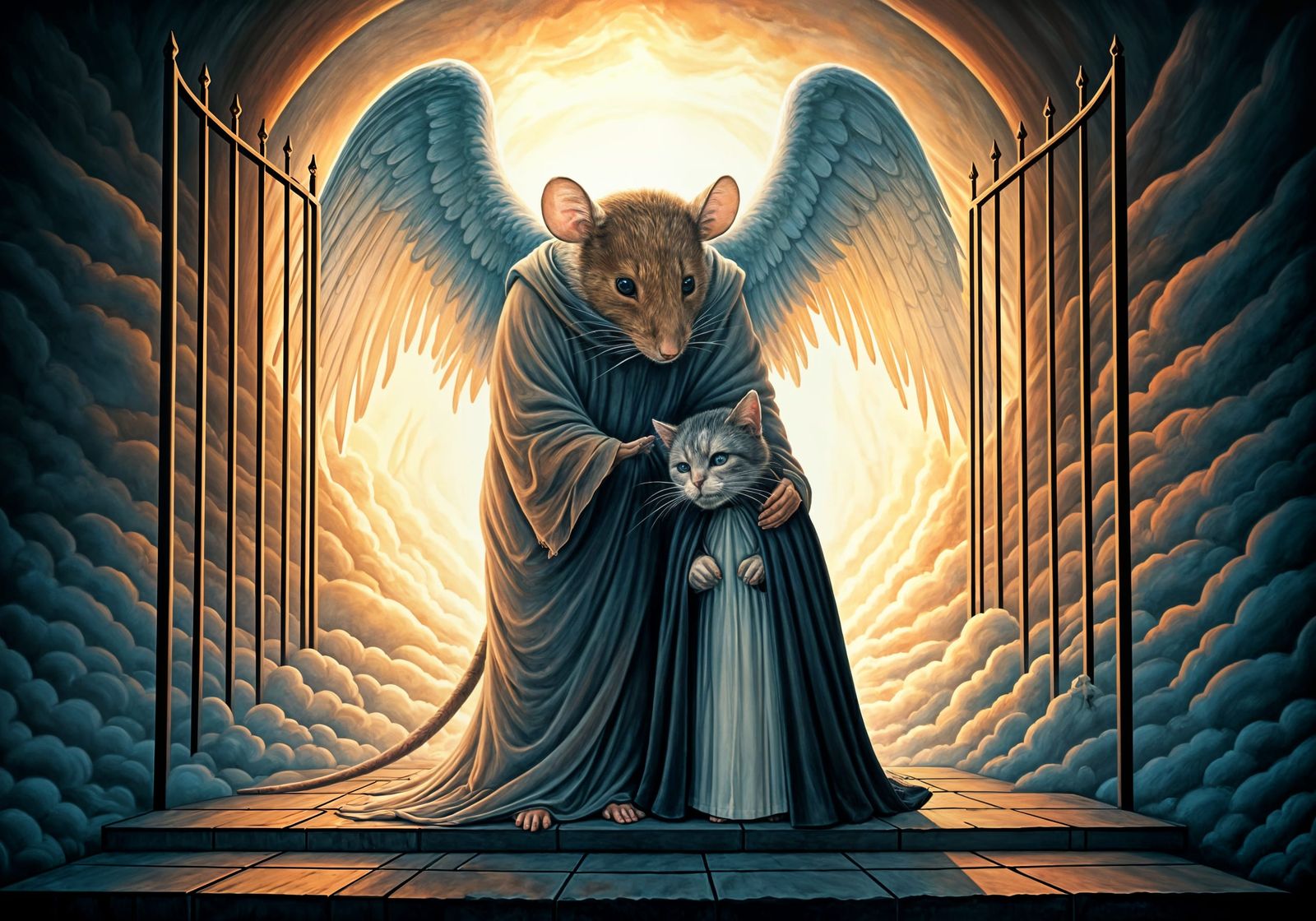 Mouse as Angel of Death Consoling a Weary Cat in Coloured Ch...