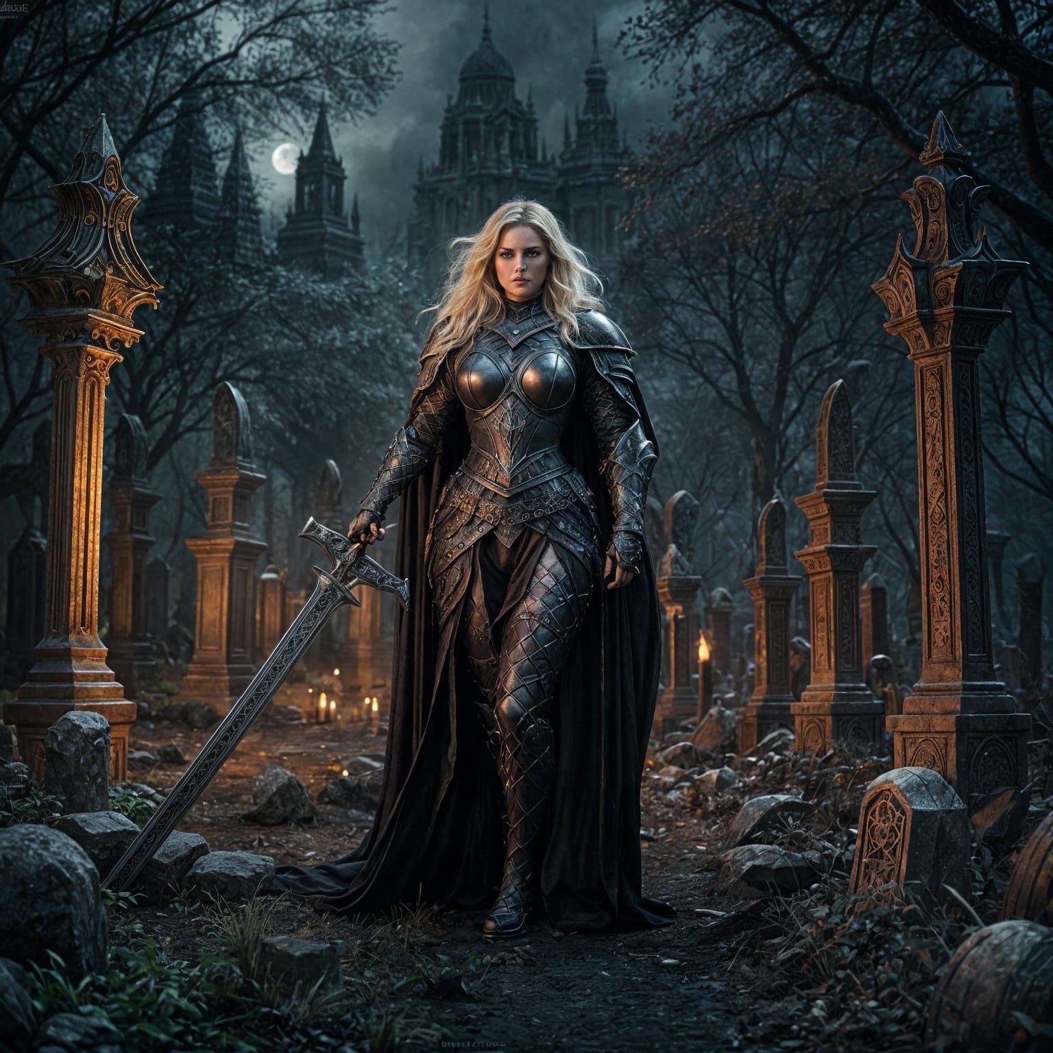 Majestic Blonde Goddess of Death in Dark Armor Standing in G...