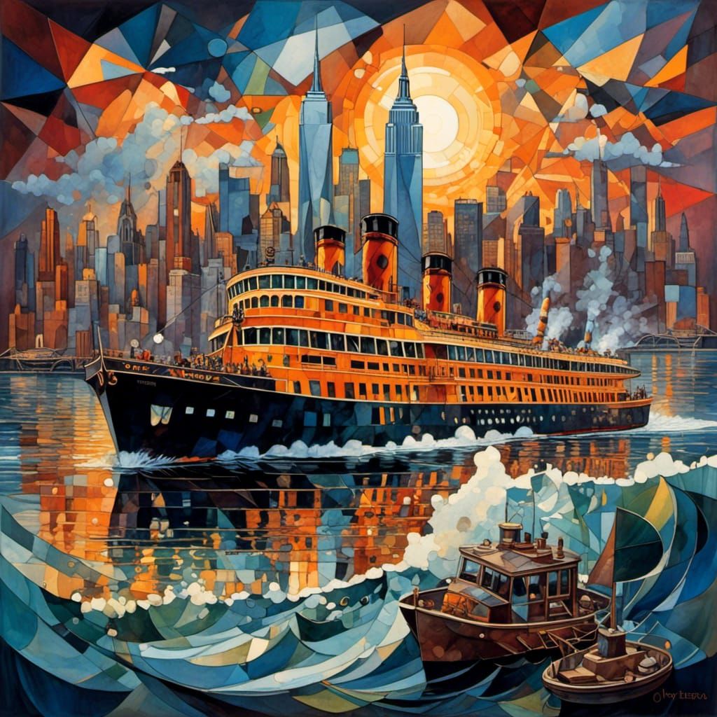 Cubist Landscape with Staten Island Ferry and Statue of Libe...