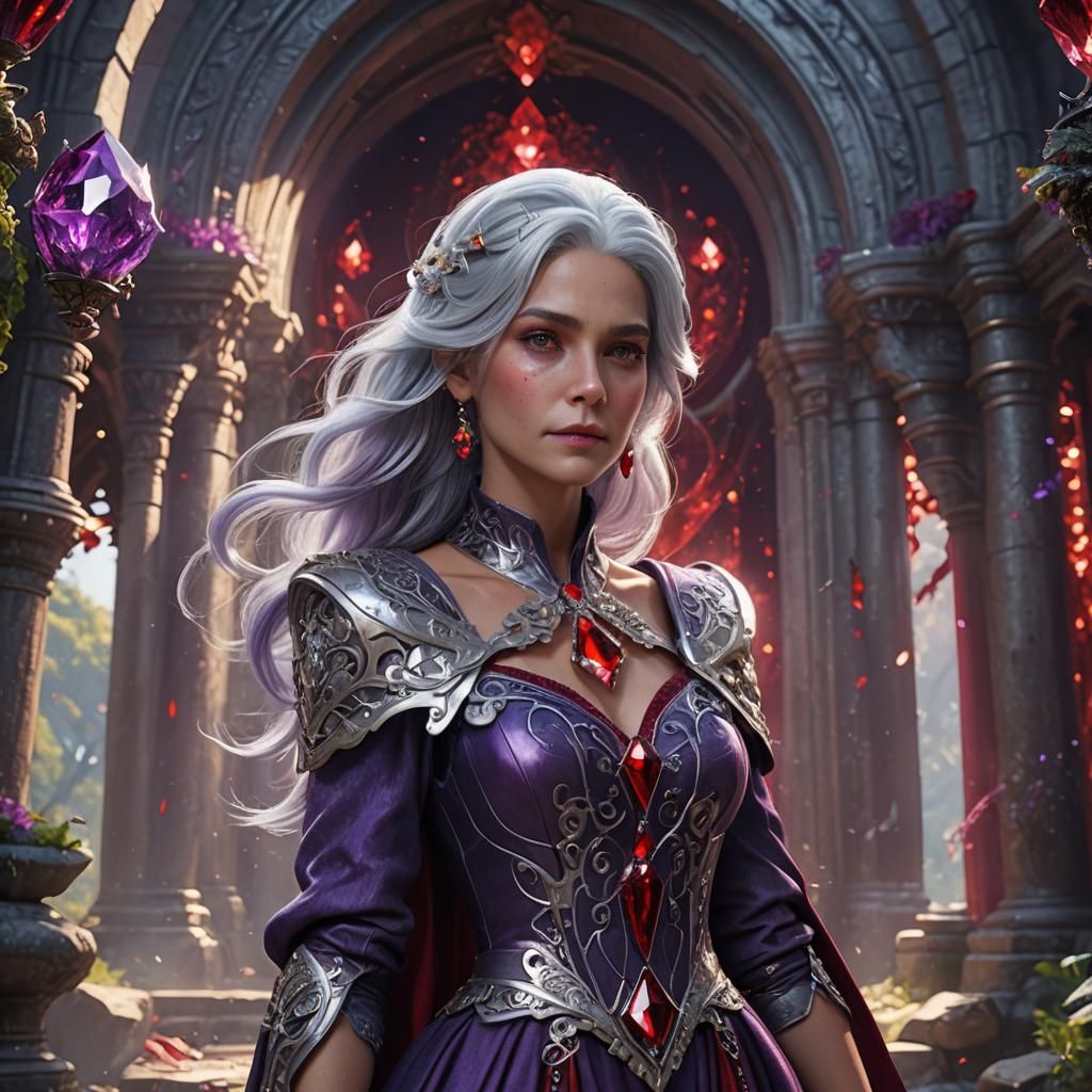 Ethereal Fantasy Queen in Lavender and Crimson Regalia