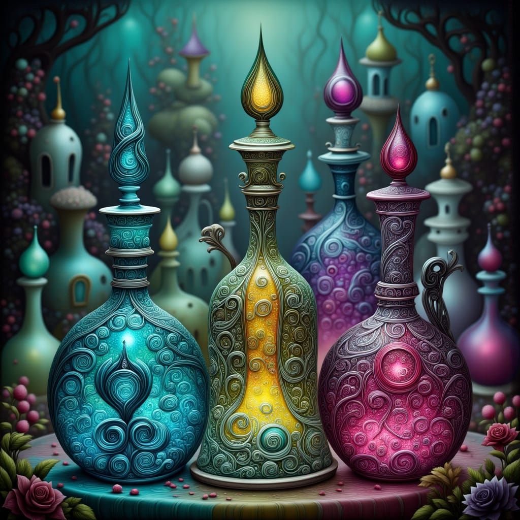 Iridescent Poison Elixir Among Ornate Flacons