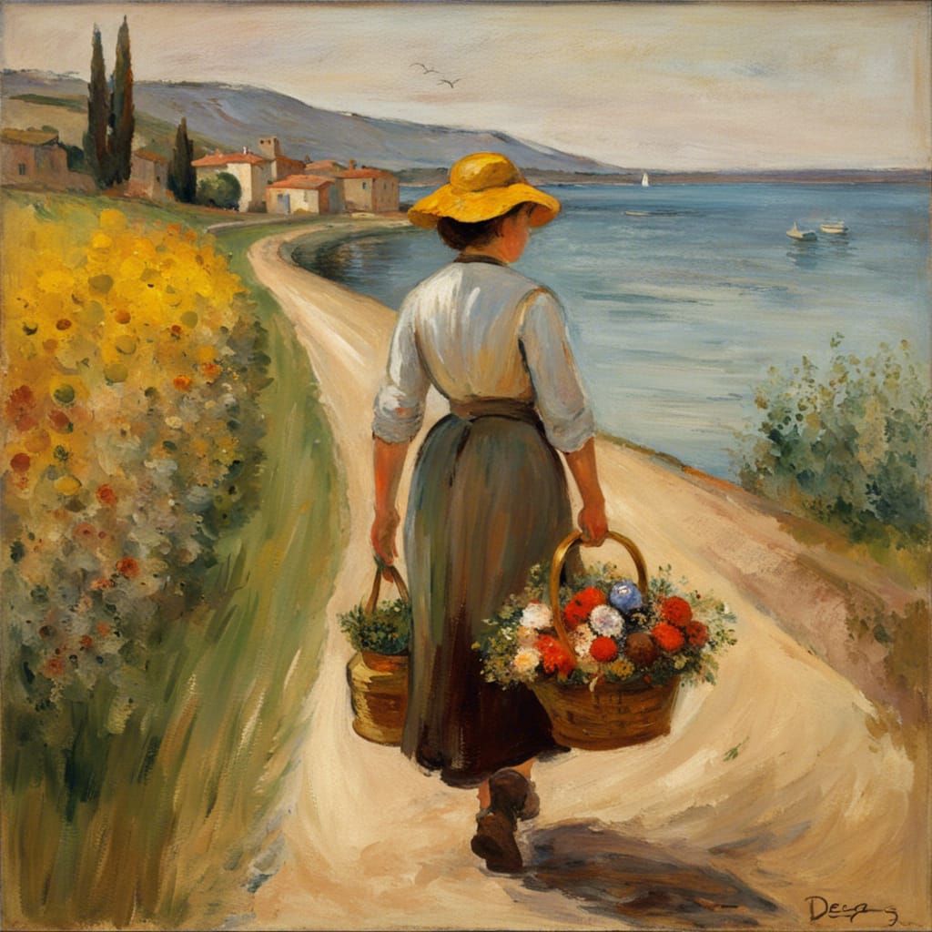 Italian Countryside Girl Walking with Impressionistic Flower...