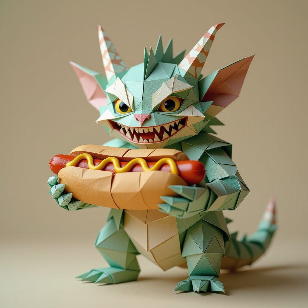 Origami Goblin Monster with Paper Hotdog