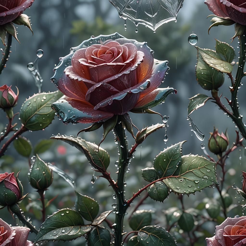 Glass Rose Blooms in Morning Dew