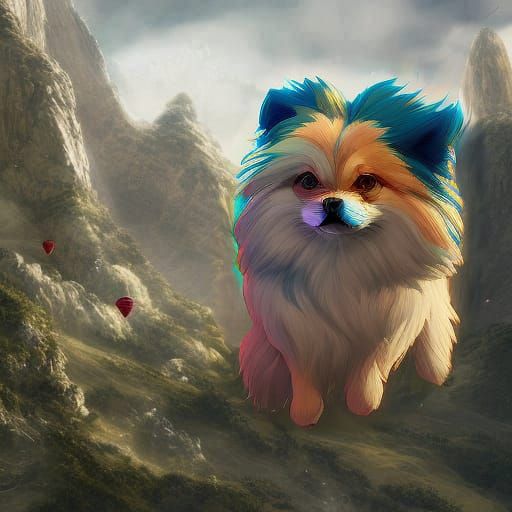 Giant Pomeranian Surrounded by Parasailers in a Vibrant, 8K...