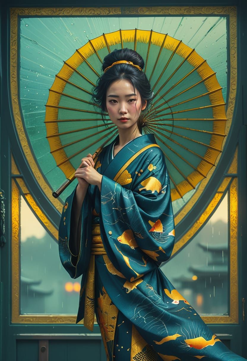 Hyperrealistic Portrait of a Japanese Woman in Golden Staine...