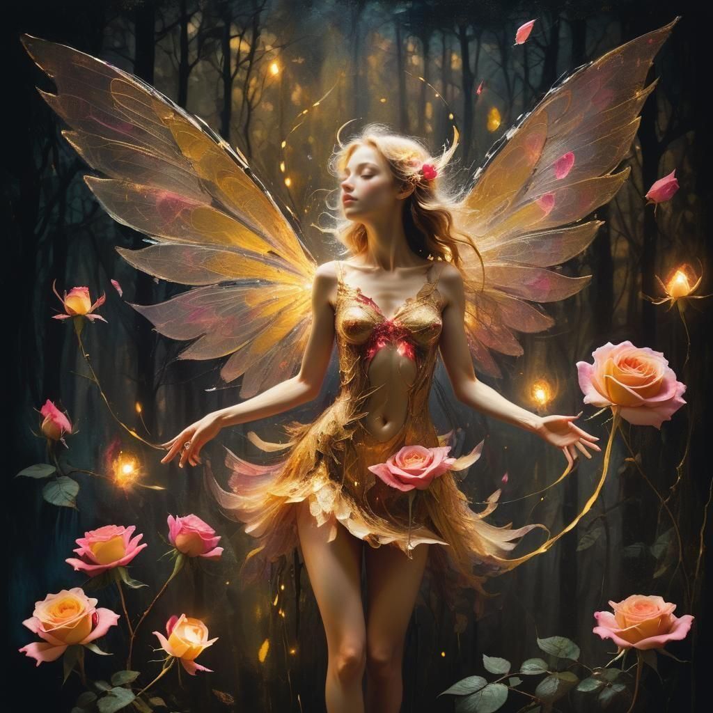 Luminous Fairy in Bloom Adorned Dark Forest