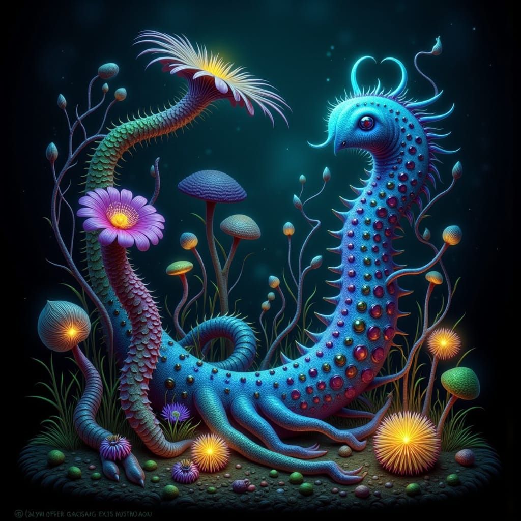 Bioluminescent Flora and Fantastical Creatures in Surreal La...