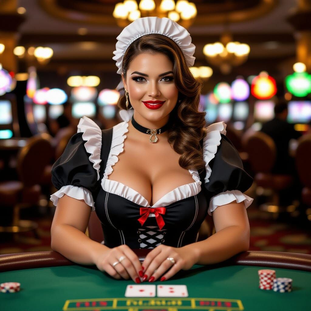Plus-Size French Maid Plays Poker in Casino