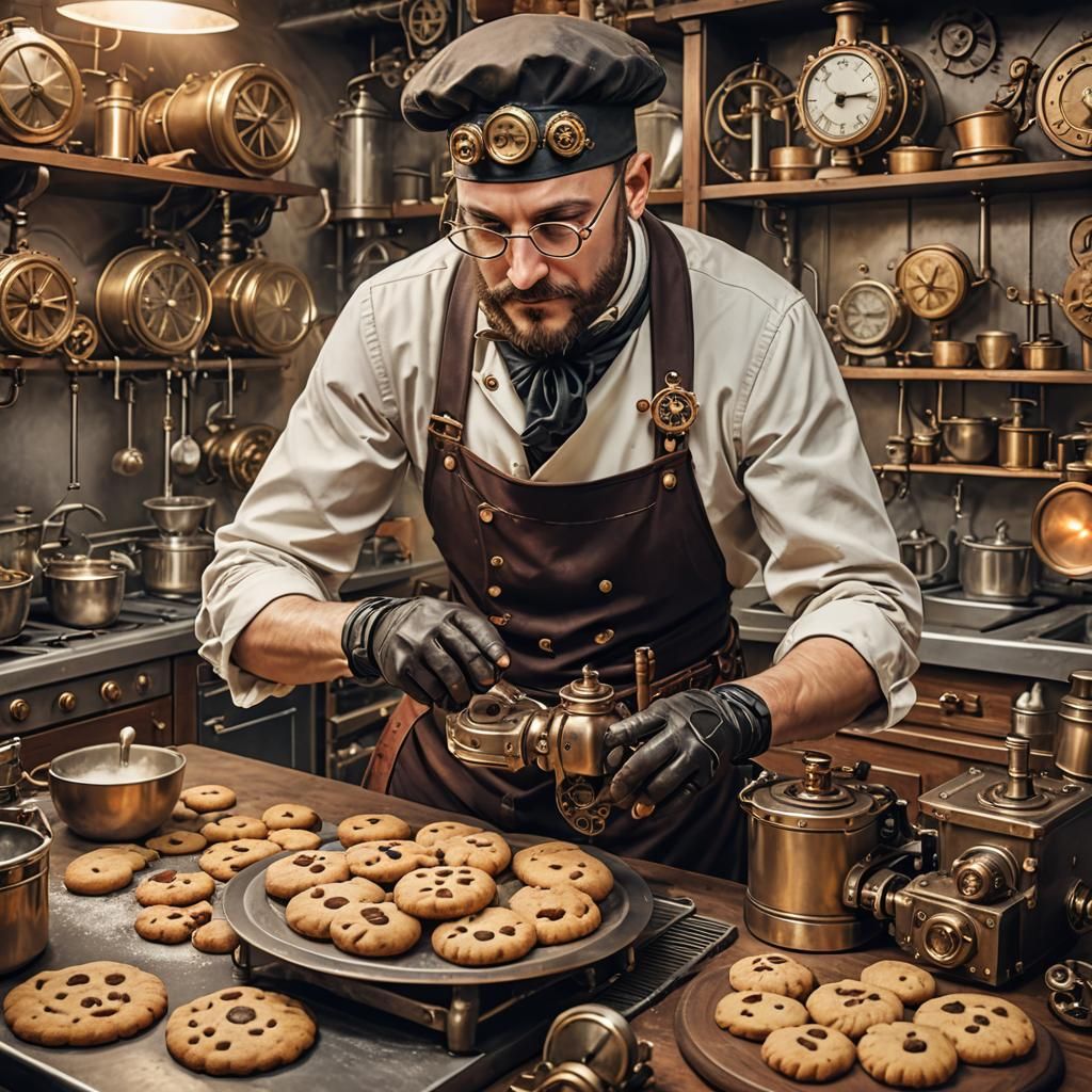 Steampunk Baker Whips Up Cookies in Industrial Kitchen