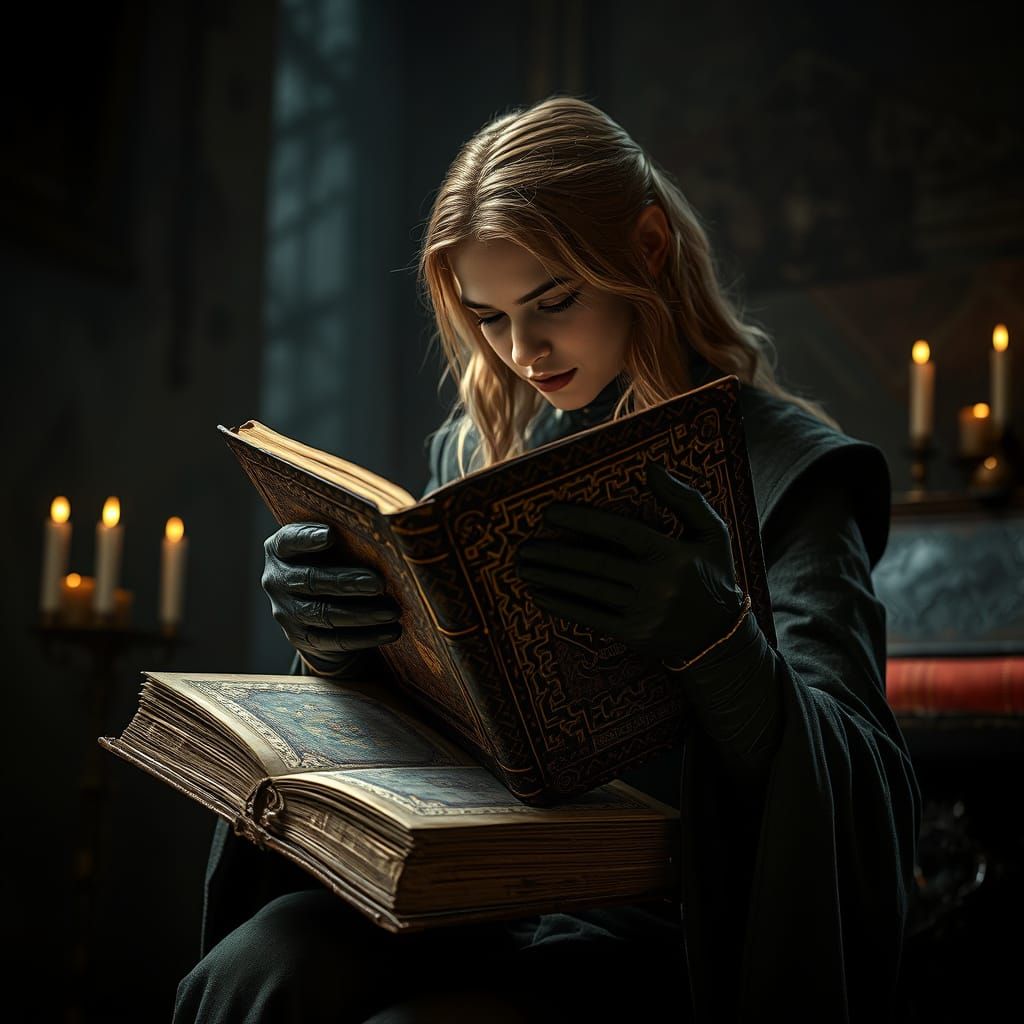 Odessa Opens Dragon Tome in Gothic Chamber