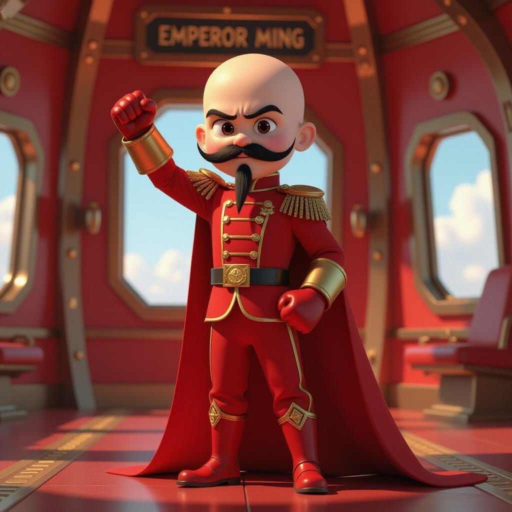 Pixar Style Bald Boy in Red Military Outfit on Spaceship