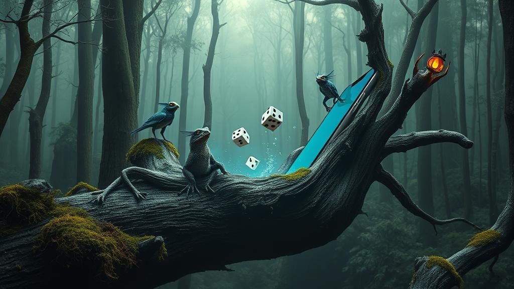 Surrealist Tree Stump Landscape with Bizarre Creatures and G...