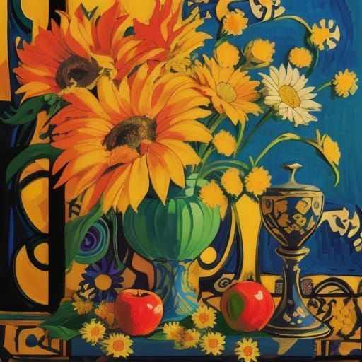 Vibrant Still Life with Flowers and Fruit in Art Nouveau Sty...