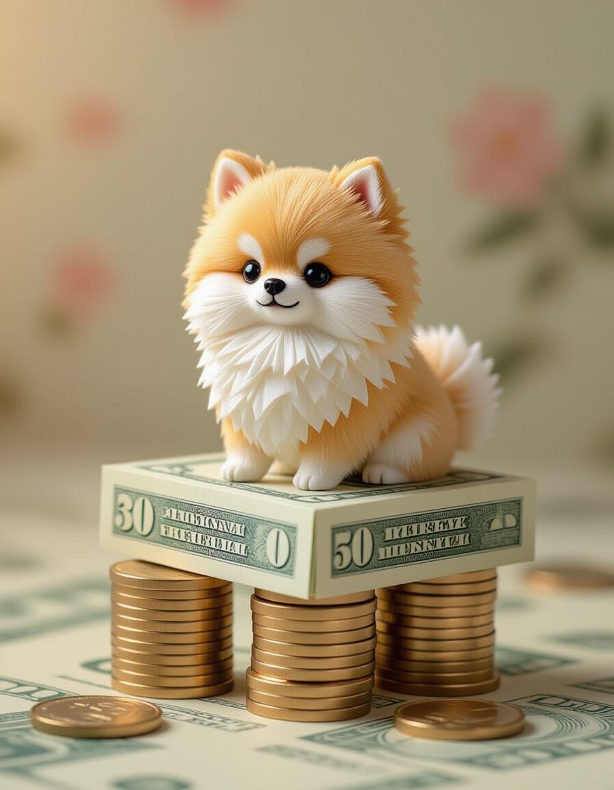 Cute Pomeranian Creature Made of Money in Soft Light