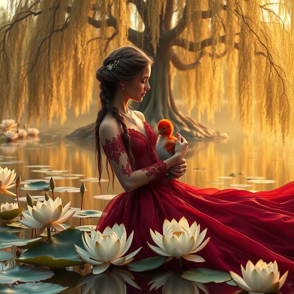 Enchanted Princess with Scarlet Ibis Chick in Whimsical Fant...