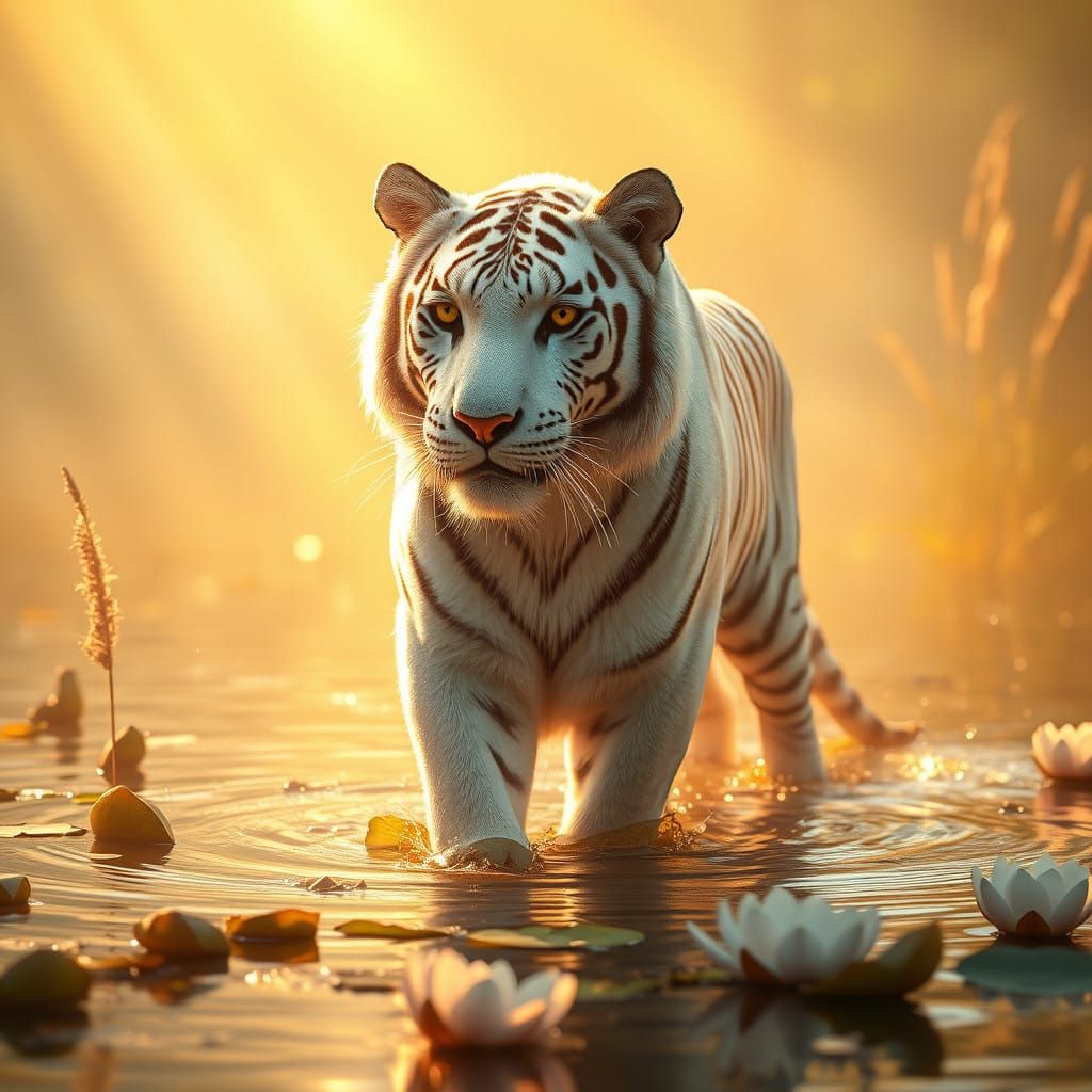 Golden Tiger Serene in Tranquil Lake Scene