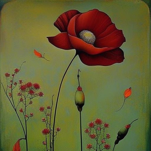 Surrealist Painting of a Poppy in a Dreamlike Landscape