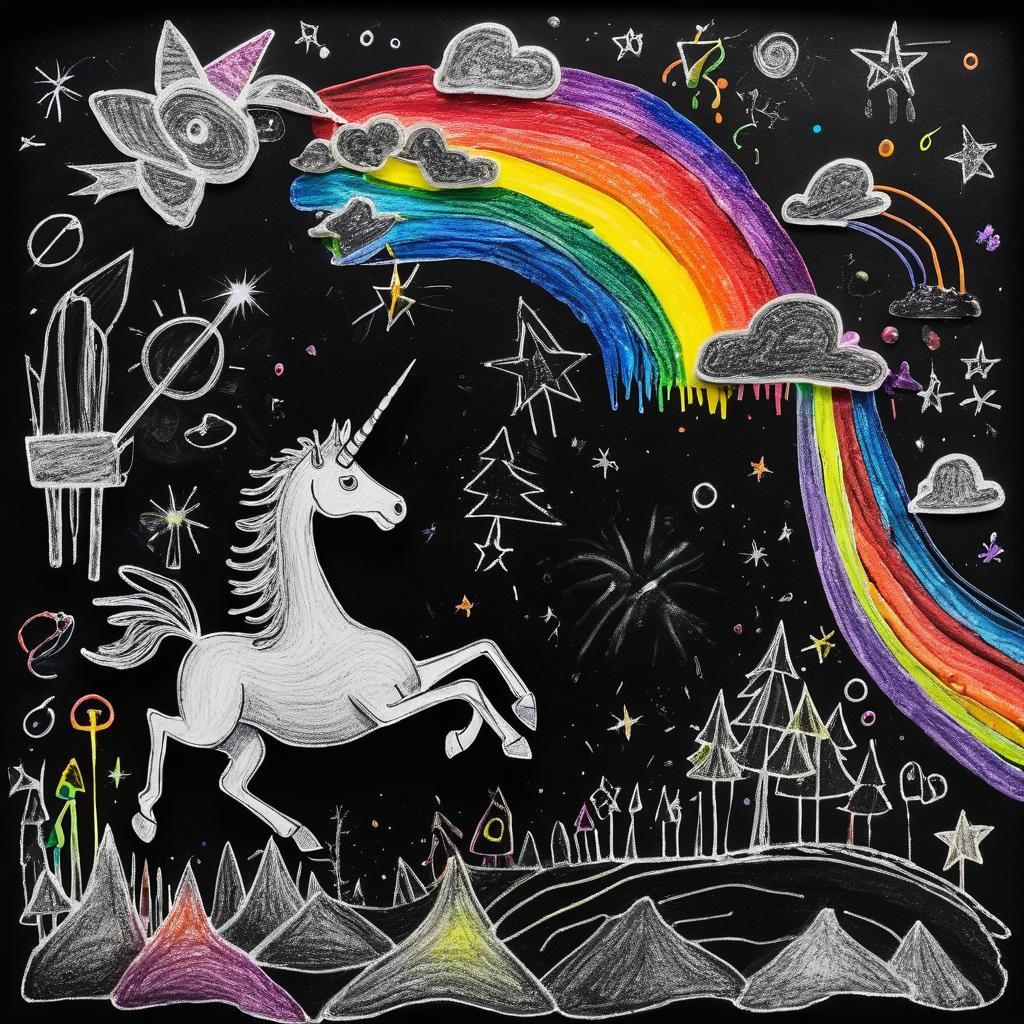 Kids Crayon drawings ,surreal  friendly unicorn , child's drawing , rayograph Man Ray collection of random b&W objects, ...
