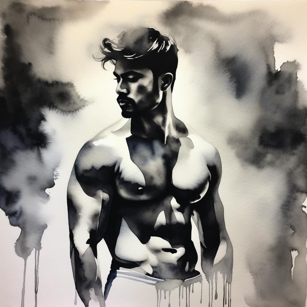 Gothic Watercolor Portrait of a Well-Muscled Man in Expressi...