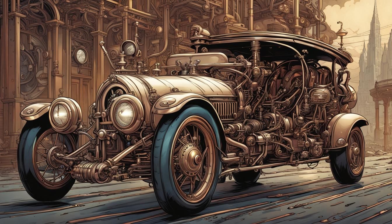 Steampunk Maserati in Vintage Comic Book Style