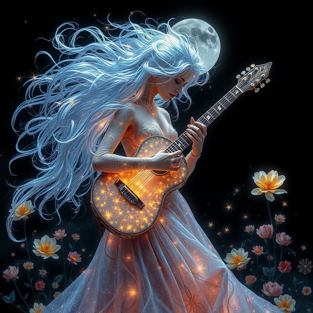 Ethereal Moonlit Musician Plays Celestial Guitar