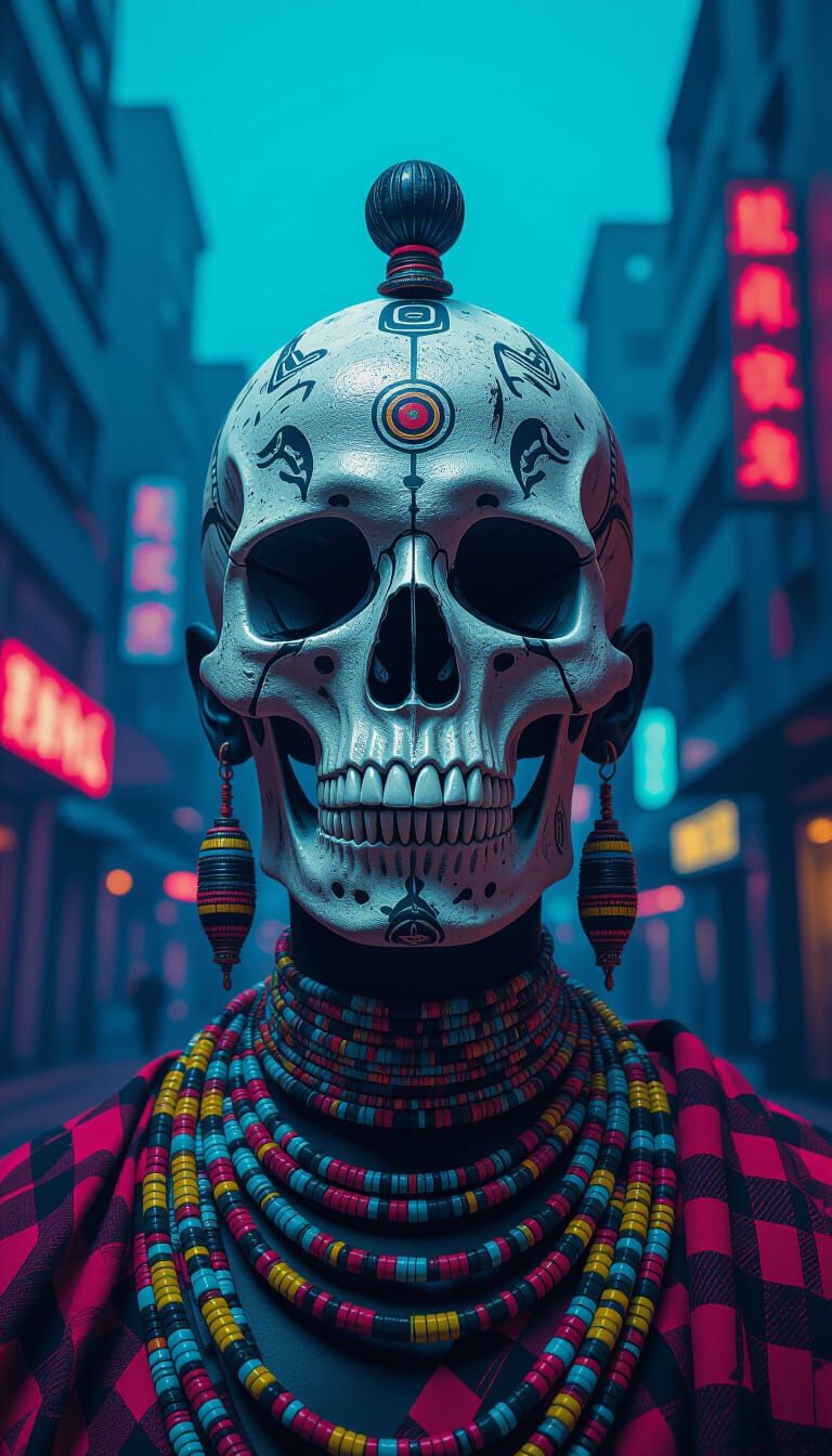 Kenyan Skull in Dystopian Cityscape: Afrofuturist Art