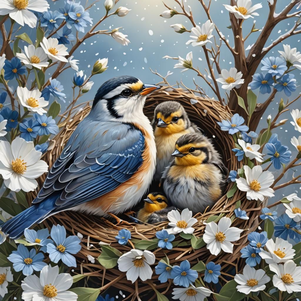 Birds in Nest Amidst Snowy Bloom, in the Style of Audubon