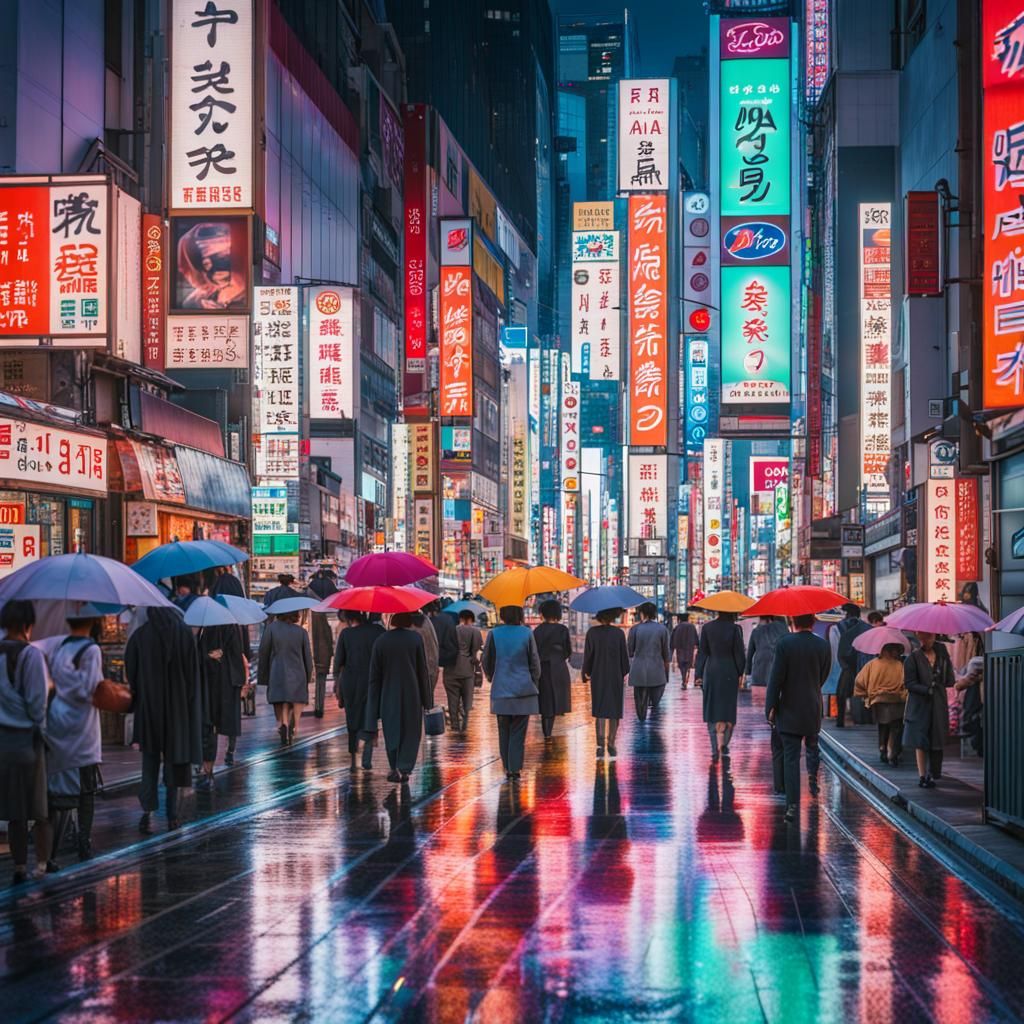 Vibrant Tokyo Street Scene at Dusk in Photorealistic Style