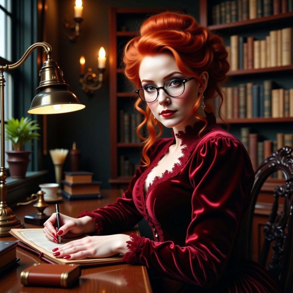 Victorian Woman Reading by Lamplight in Velvet Dress