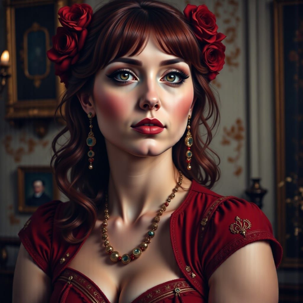 Elegant Woman's Portrait in Ornate Room, Baroque Style