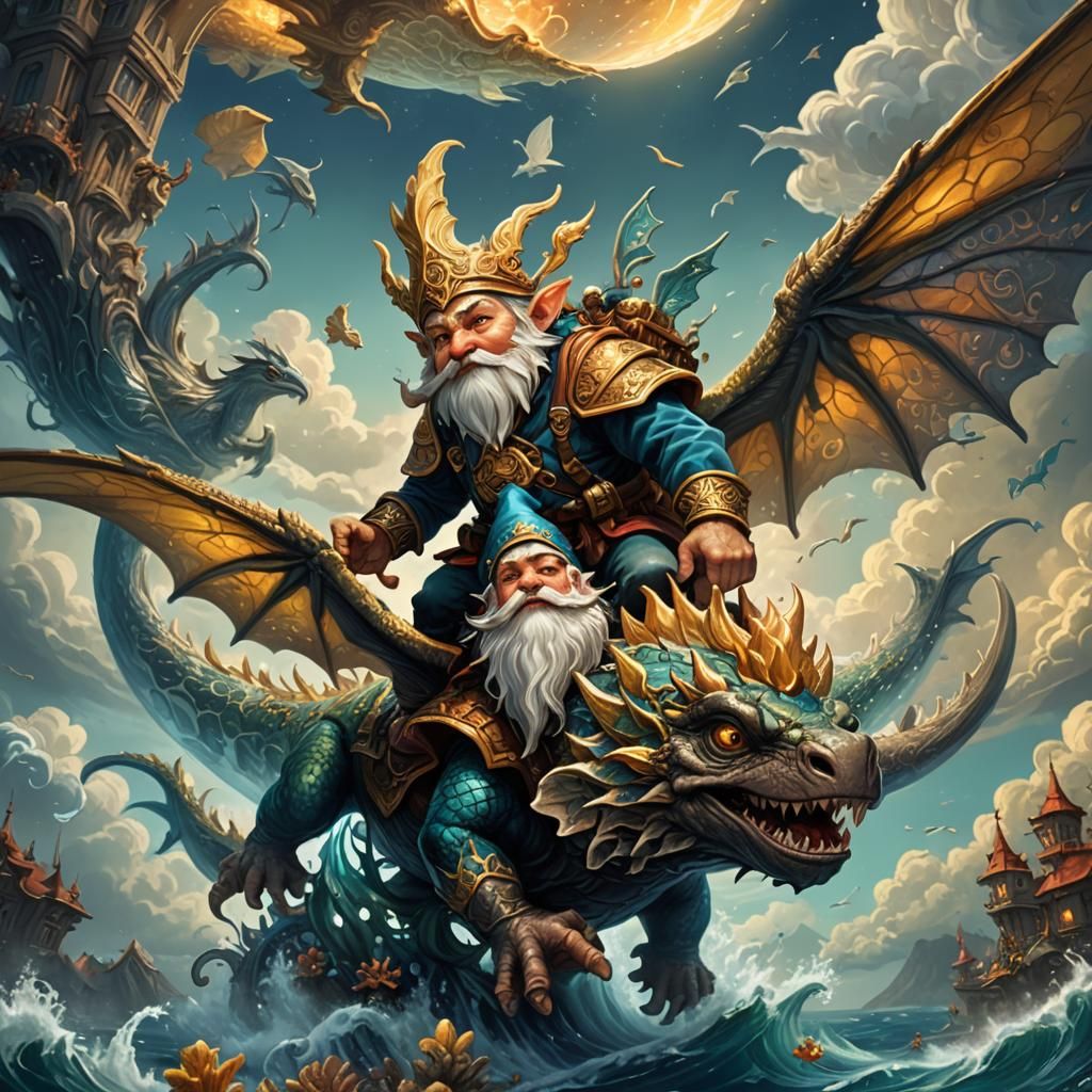 Fantasy Gnome and Sea Monster Soar Through the Sky in Vibran...