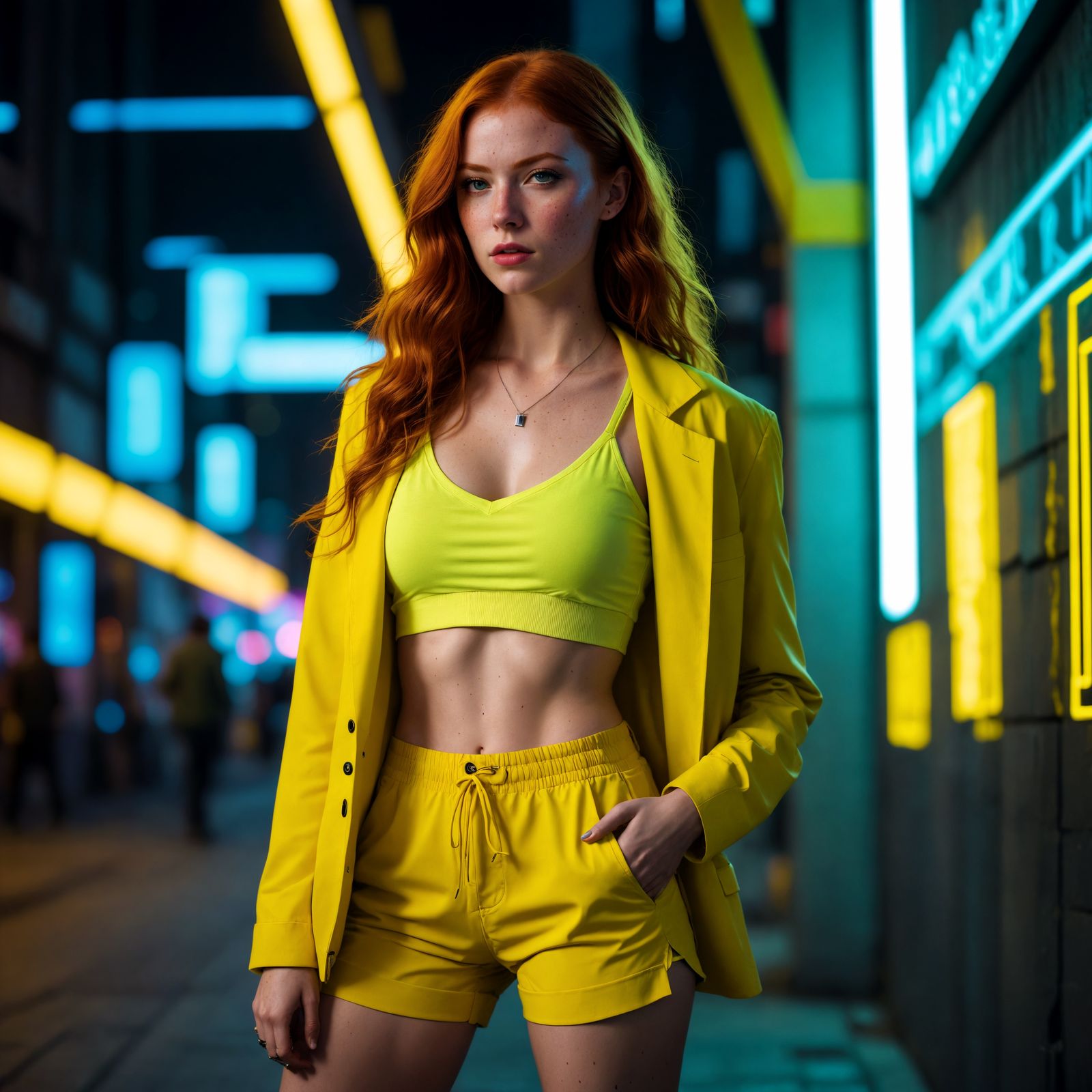 Cyberpunk Woman Leans Against City Wall