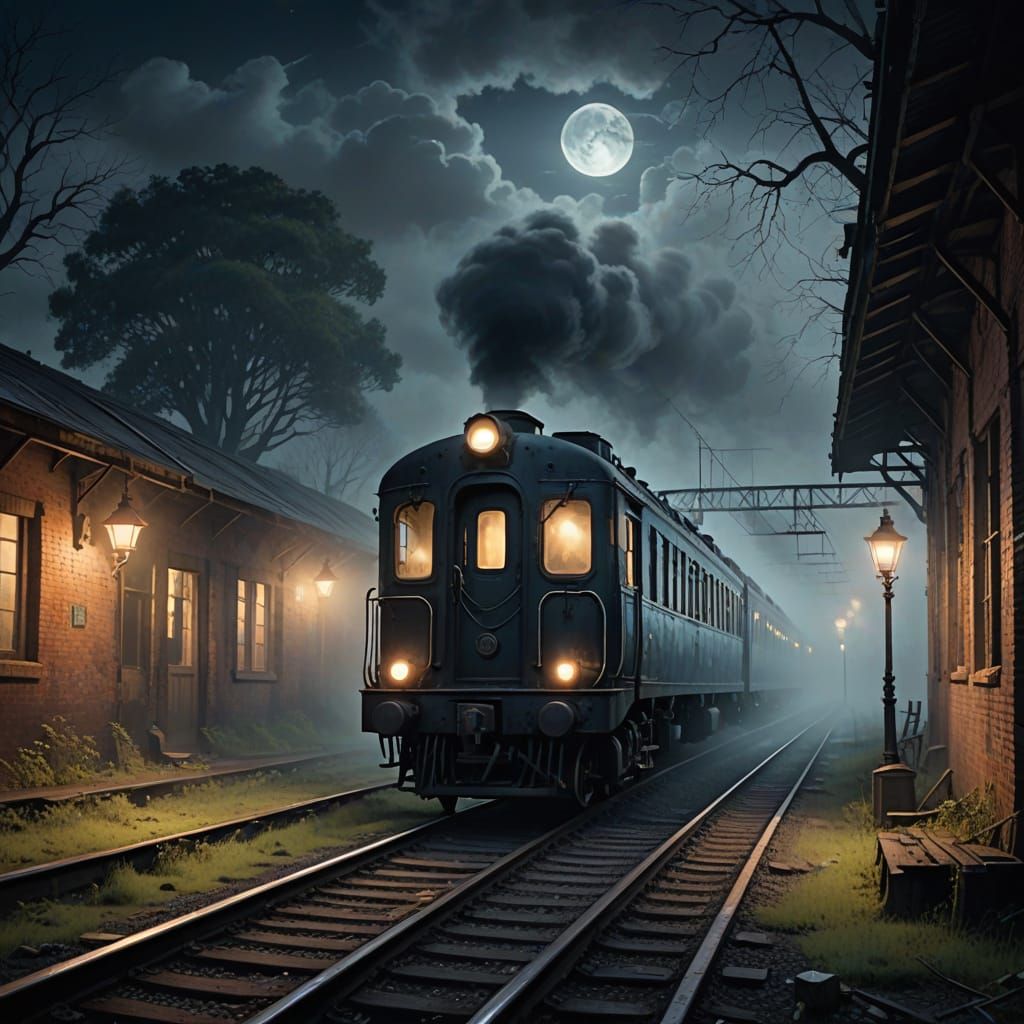 Ghostly Train in Abandoned Station, Surreal Oil Painting