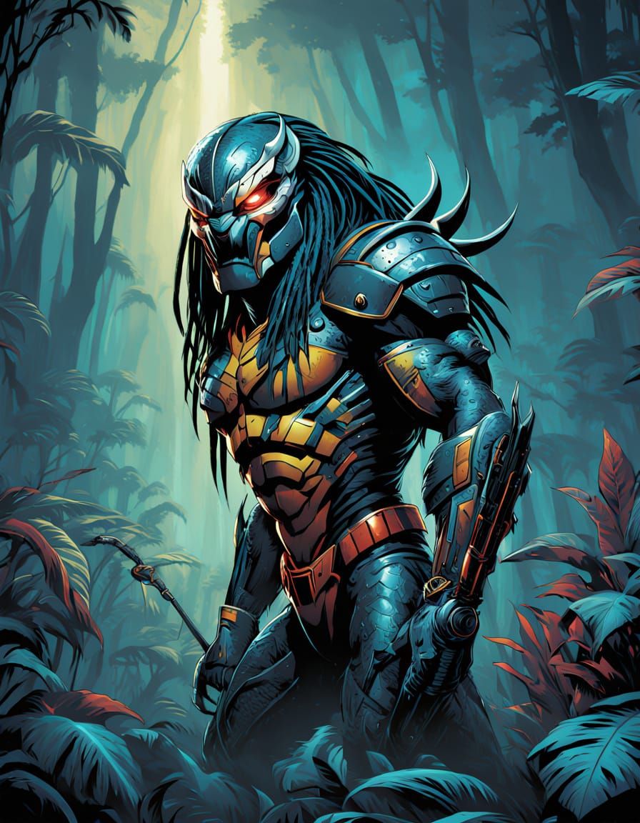 Comic Book Predator in Misty Jungle