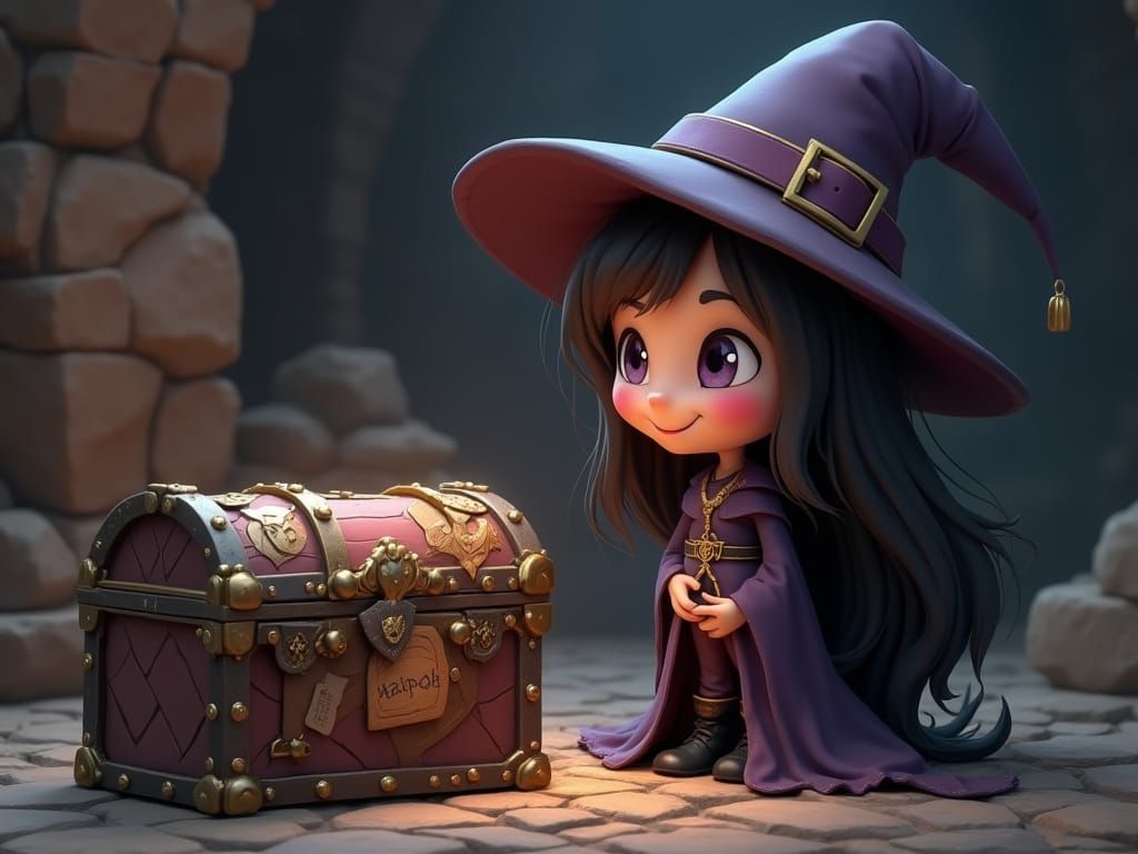 Cute Gothic Witch Explores Dungeon Treasure Chest