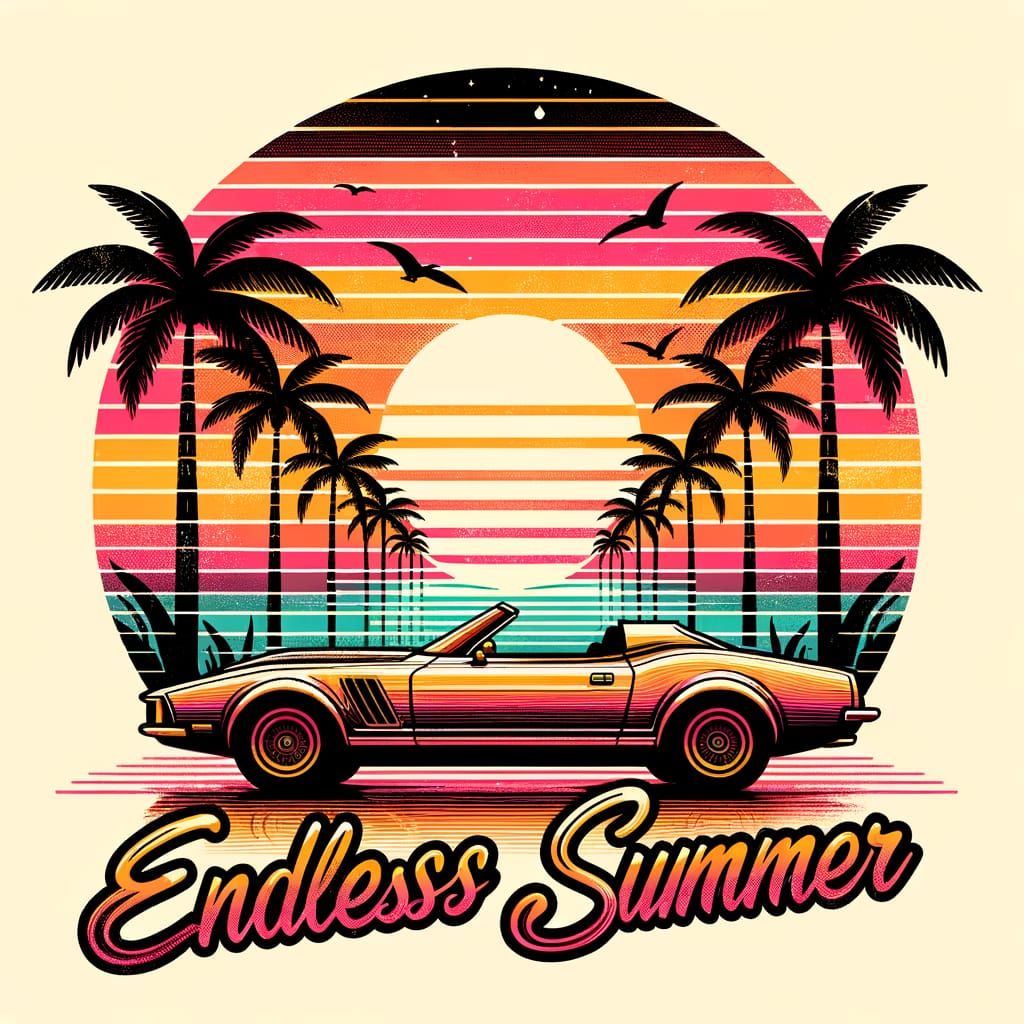 Retro Summer Vibes: 70s & 80s Sunset with Neon Car
