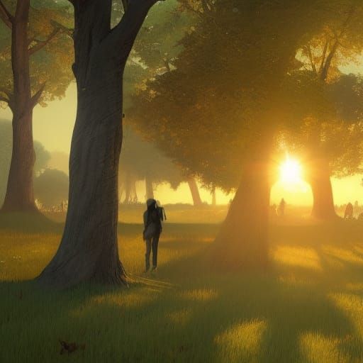 Sunset Park Scene with Vibrant Trees in Background