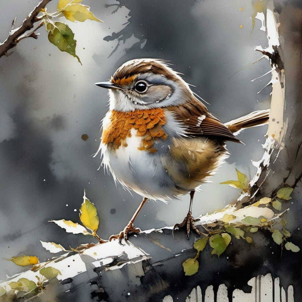 Watercolor Wren Portrait on Apple Blossom Tree