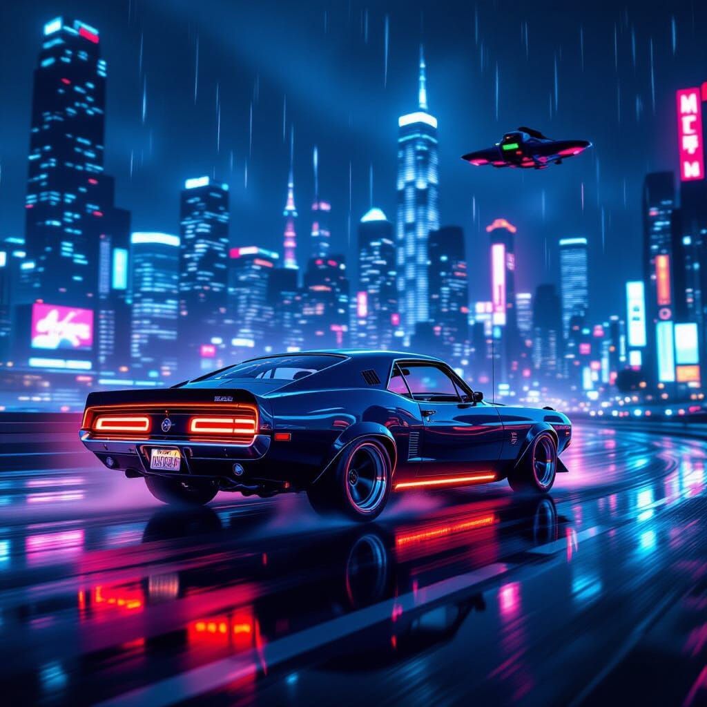 Muscle Car Drifts in Neon Cyberpunk City