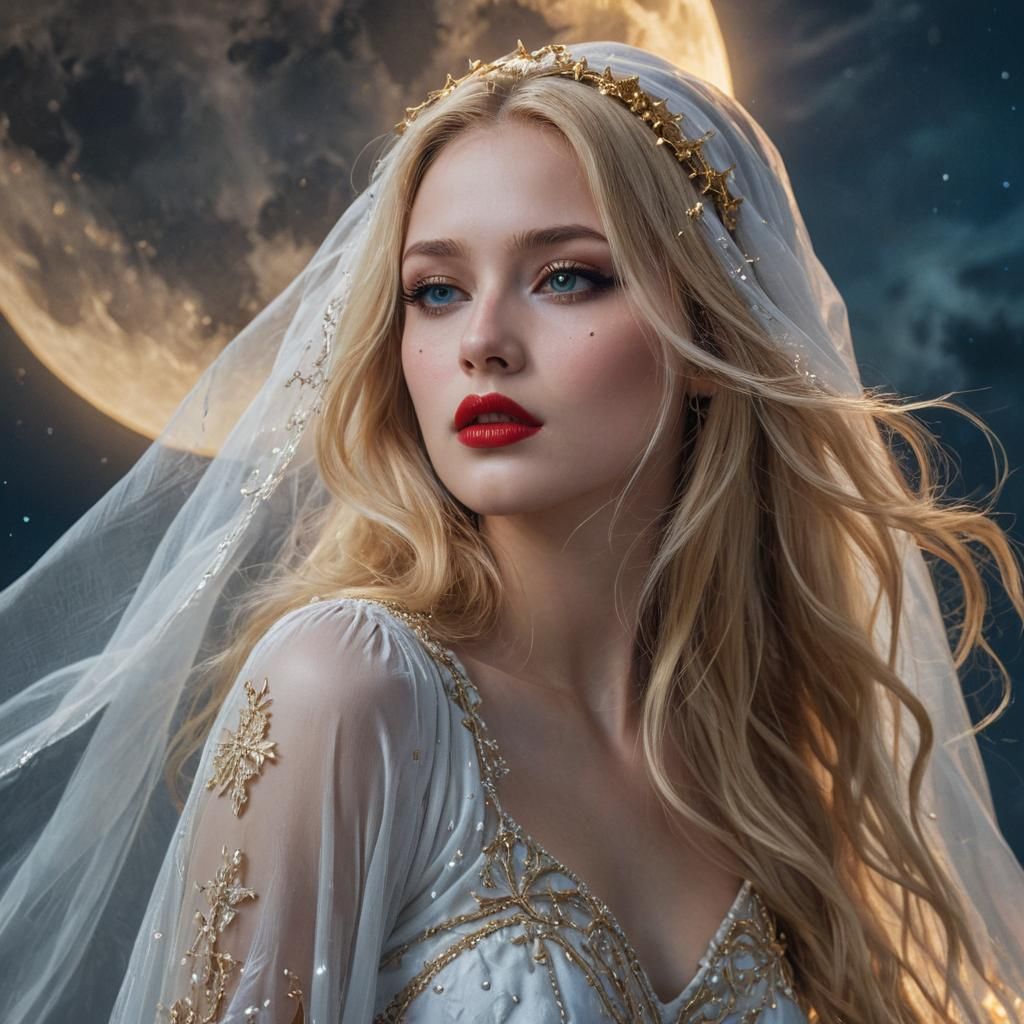 Surreal Fantasy Goddess in Ethereal Blue and Gold Skies