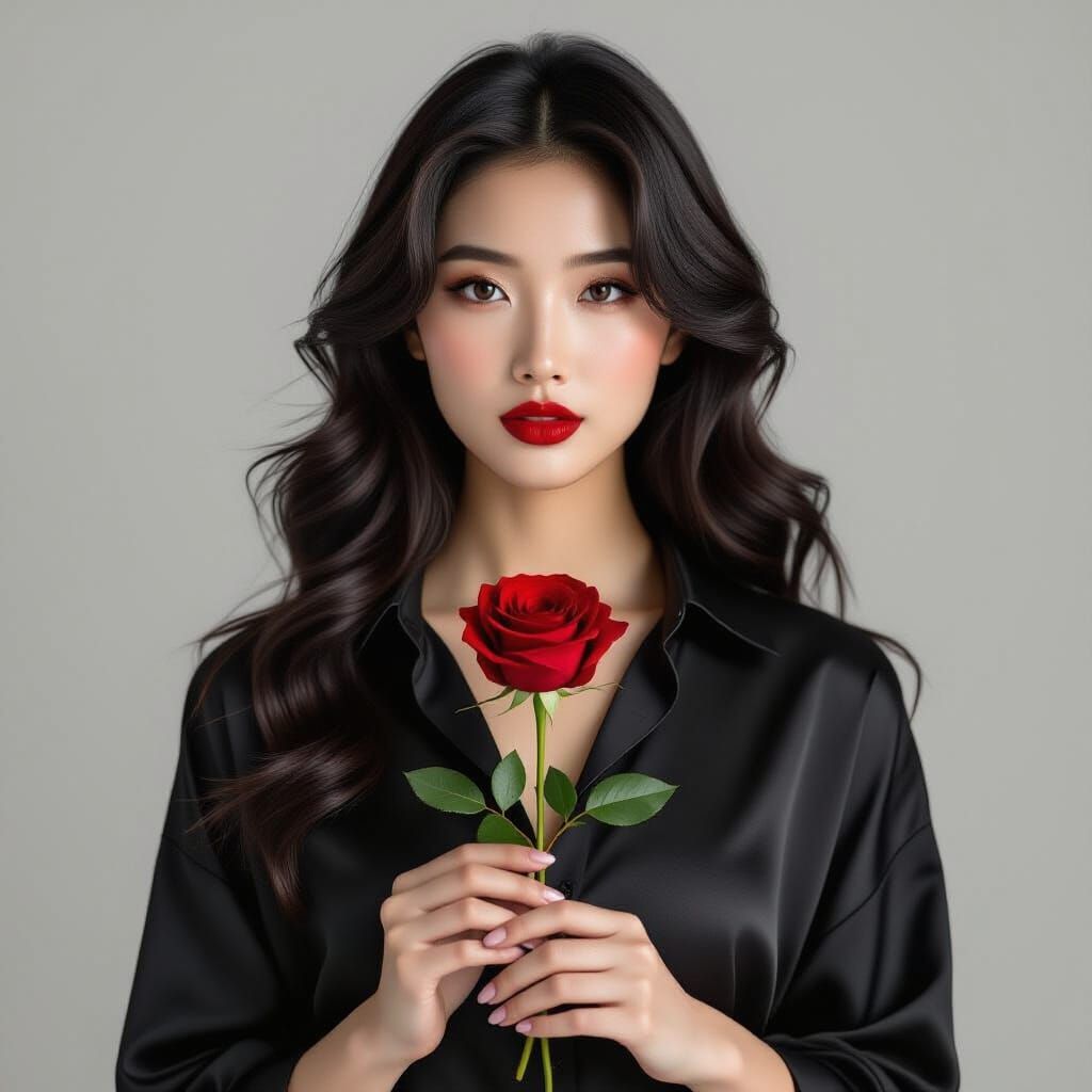 Cinematic Portrait of East Asian Woman with Red Rose
