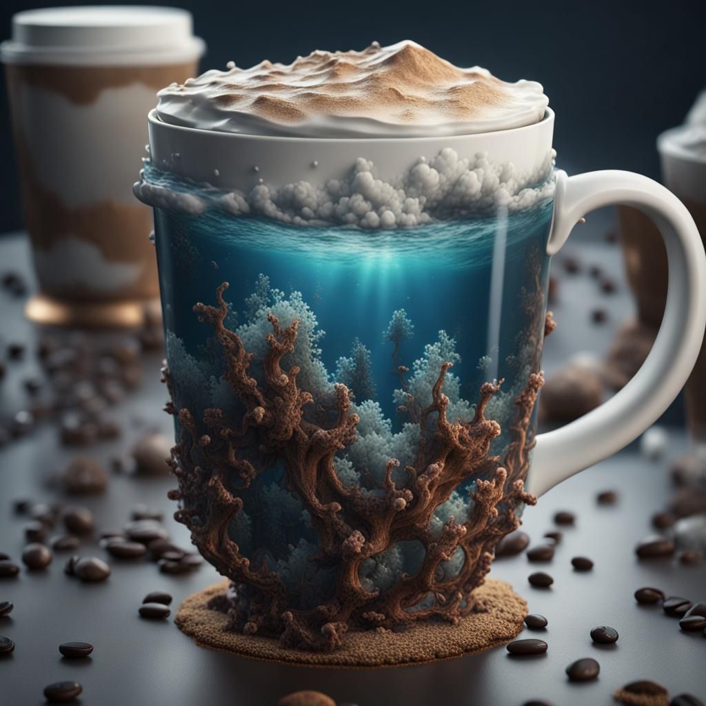 Coffee Cup Beholds the Endless Ocean in Vibrant Splendor