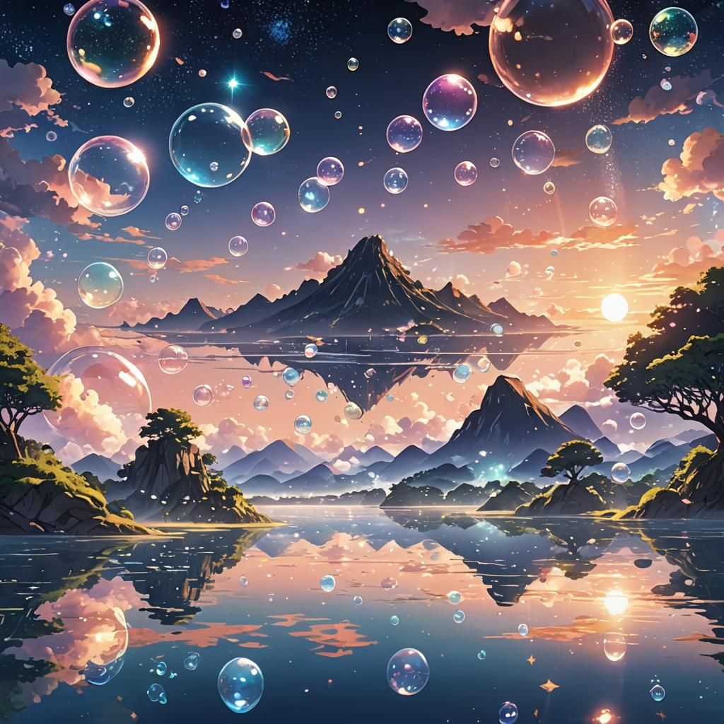 Floating Islands in Anime Art Style with Glass Bubbles and G...