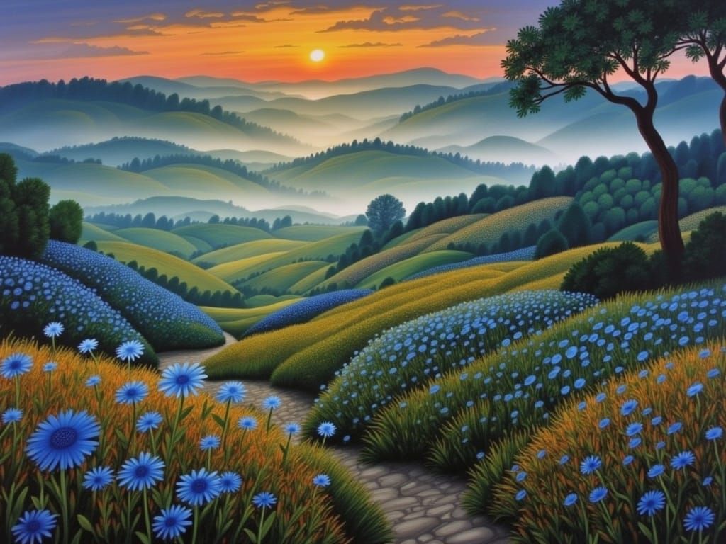 Ethereal Blue Flowers in Purple Twilight