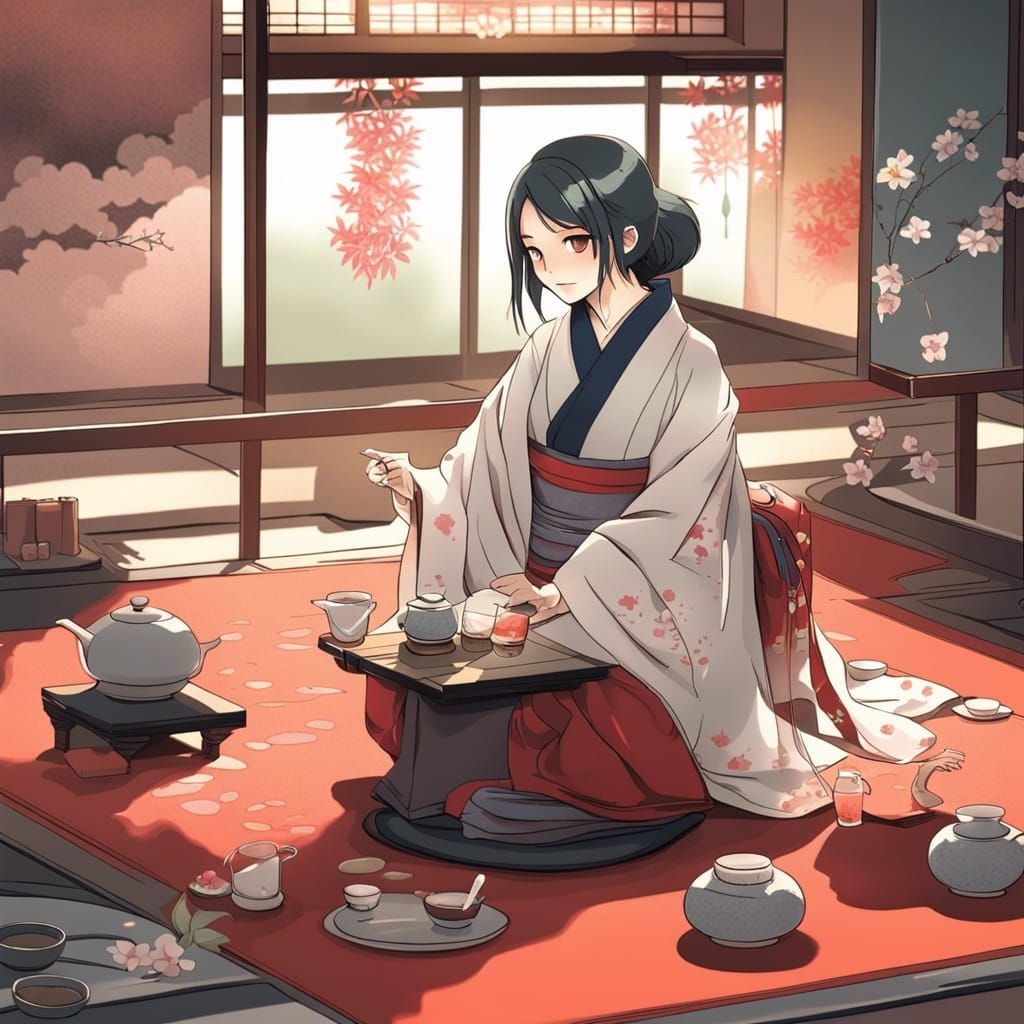 Elegant Japanese Tea Ceremony in Traditional Anime Style