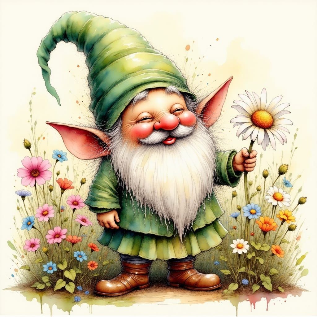 Whimsical Gnome in Flower Garden, Watercolor Style