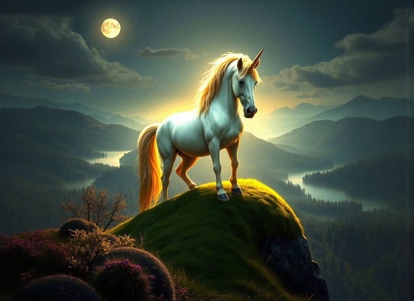 Golden Unicorn Under Moonlight in Hyperrealistic Style