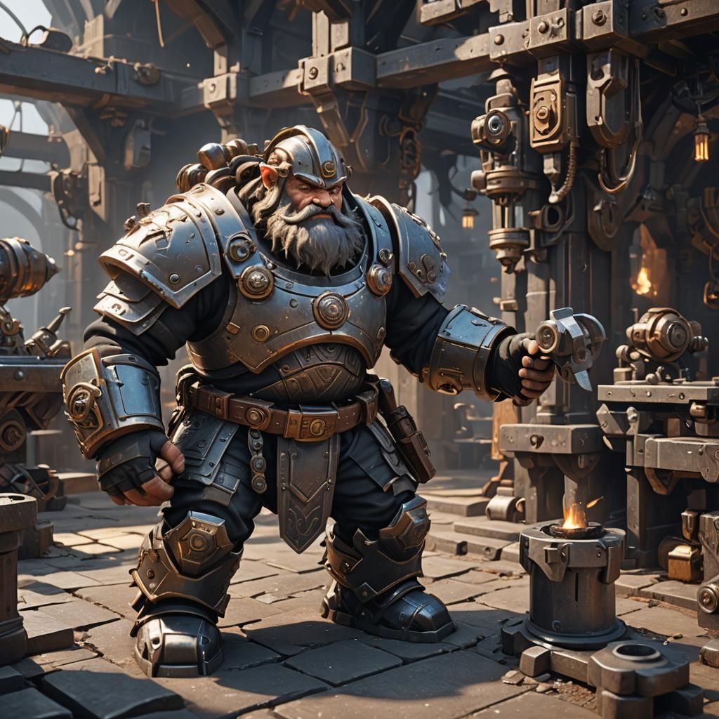 Epic Sci-Fi Dwarf Blacksmith in Futuristic Workspace