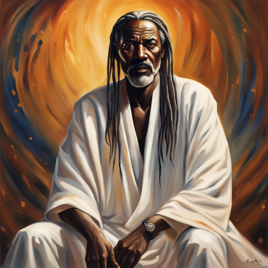 Hyperrealistic Sudanese Man in Tiger Skin Shoes and White Ro...